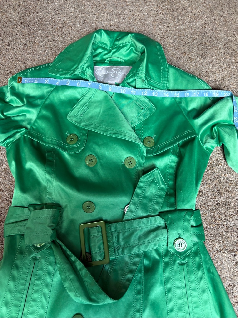 Jessica Simpson Green Satin Double-Breasted Trench Coat with Belt - Picture 14 of 15